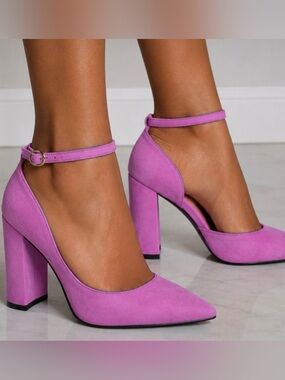 Women's Suede Ankle-Strap Block Heel Pumps - Pink